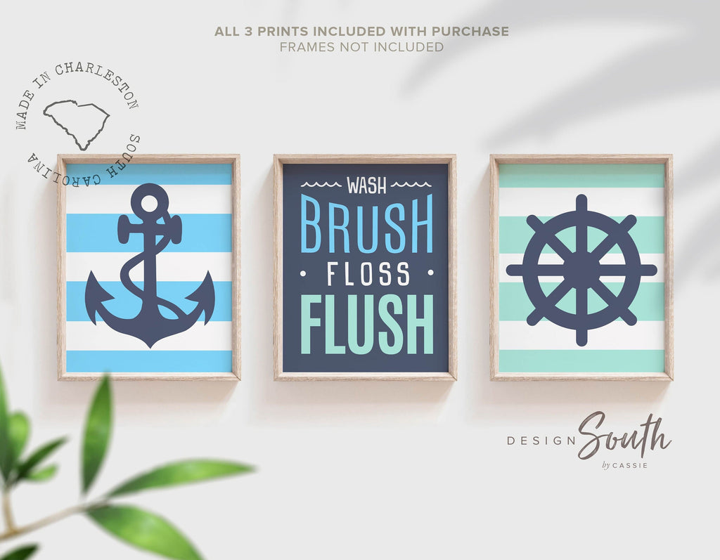 Nautical bathroom decor, boys bathroom decor, bathroom prints, anchor, ship wheel, wash, brush, floss, flush, blue and green bathroom, print