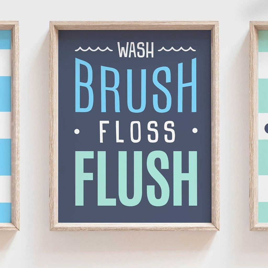 Nautical bathroom decor, boys bathroom decor, bathroom prints, anchor, ship wheel, wash, brush, floss, flush, blue and green bathroom, print