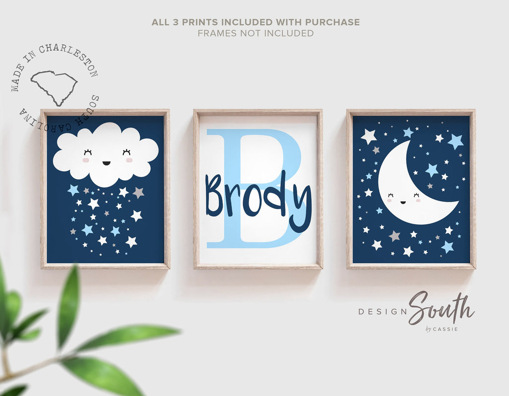 Baby blue and navy boys nursery monogram customized name decor, baby boy nursery cloud moon and stars, stars baby boy, moon baby boy, clouds