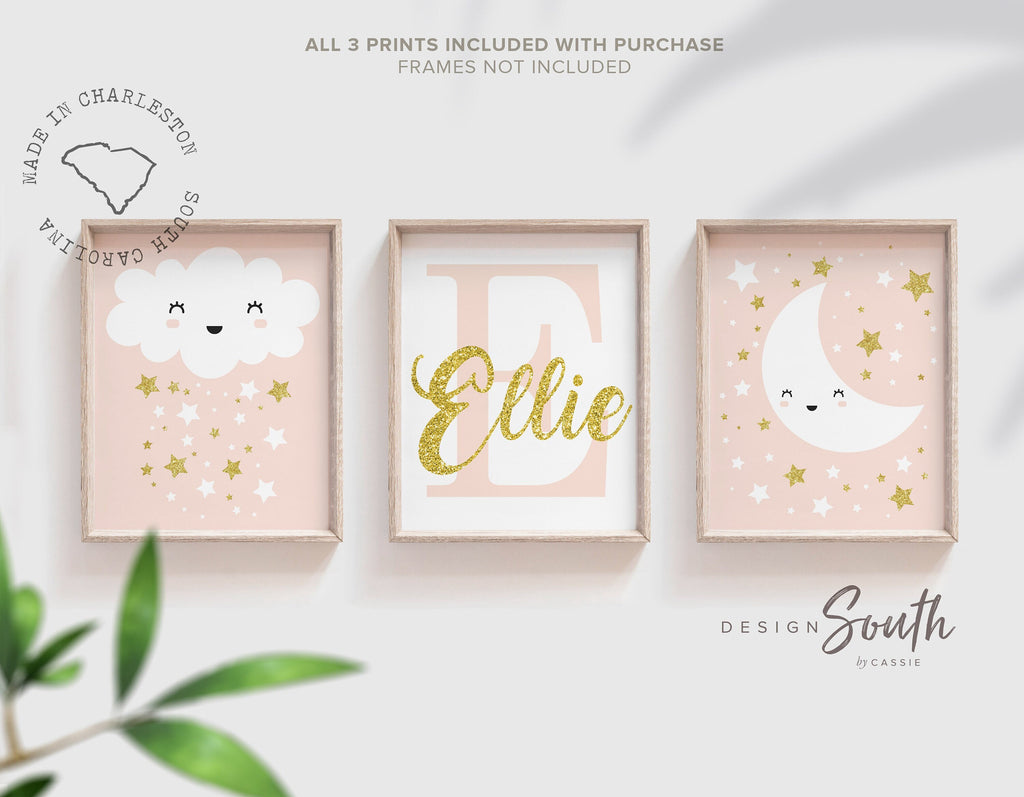 Nude gold sparkle baby girl nursery wall art personalized name, moon stars clouds nursery theme, girl monogram pink, celestial nursery theme