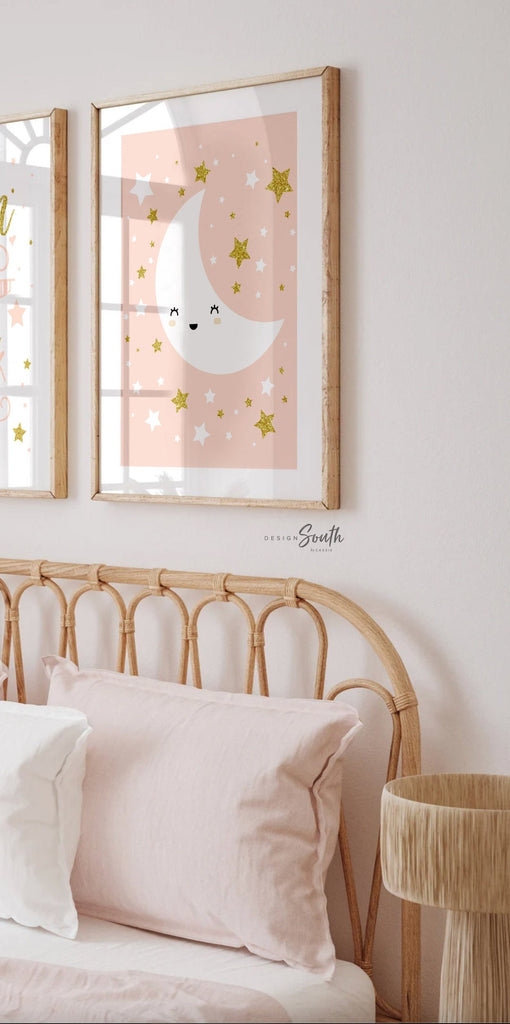 Nude gold sparkle baby girl nursery wall art personalized name, moon stars clouds nursery theme, girl monogram pink, celestial nursery theme