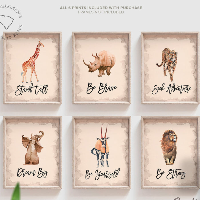 Safari animal decor, gender neutral playroom bedroom nursery, gender neutral baby animal wall art gallery set of 6, gender neutral nursery