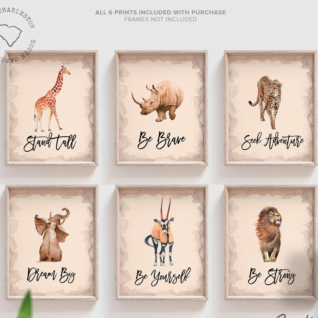 Safari animal decor, gender neutral playroom bedroom nursery, gender neutral baby animal wall art gallery set of 6, gender neutral nursery