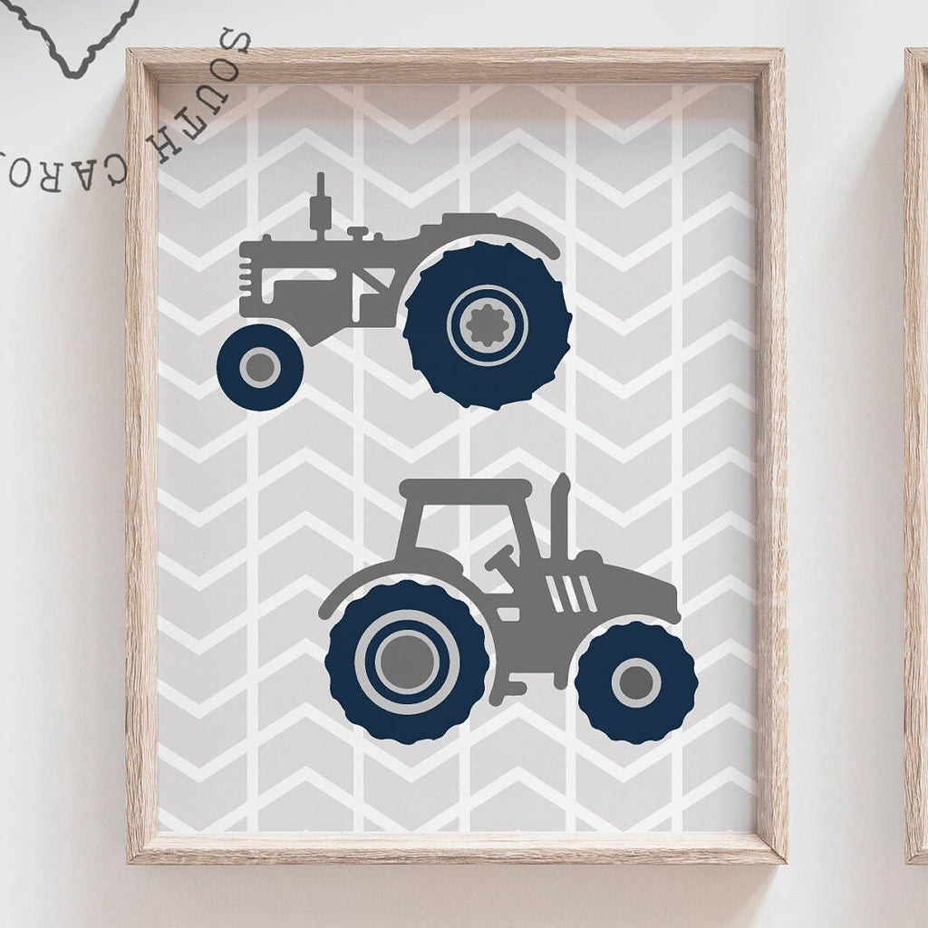 Navy blue gray tractor baby gift nursery personalized name art, john deere tractor boy room wall, nursery tractor theme, boy bedroom tractor