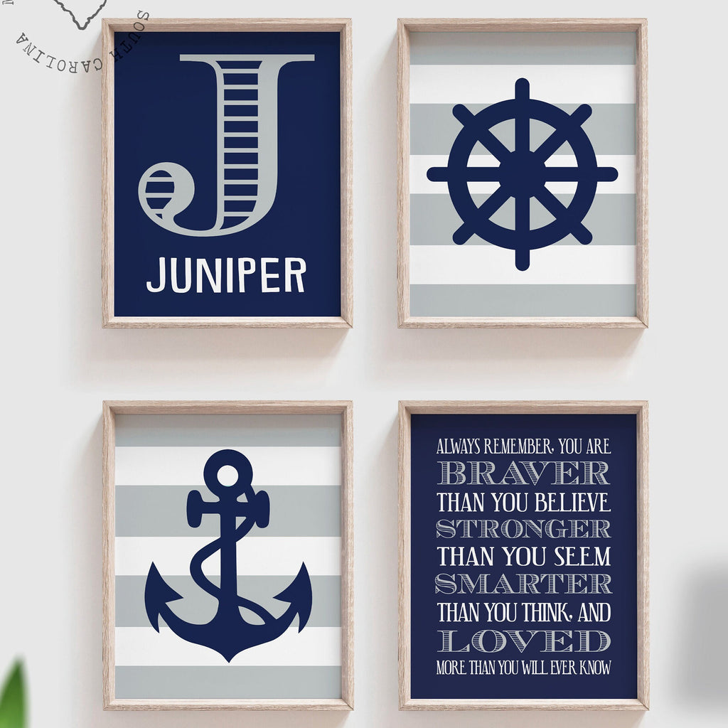 Navy blue and gray boys nautical nursery, baby boy nautical, blue gray nautical nursery, baby boy wall art, personalized nautical boy decor