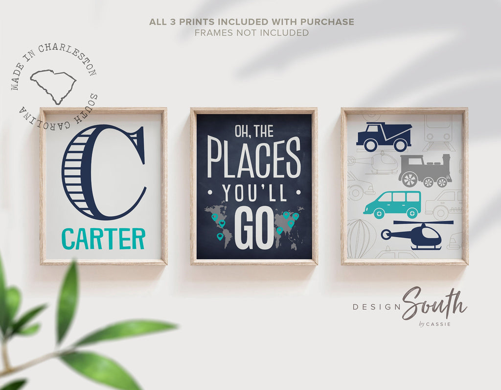 Transportation theme for boys nursery or bedroom, personalized name print for boys, oh the places you'll go, cars, turquoise and navy prints