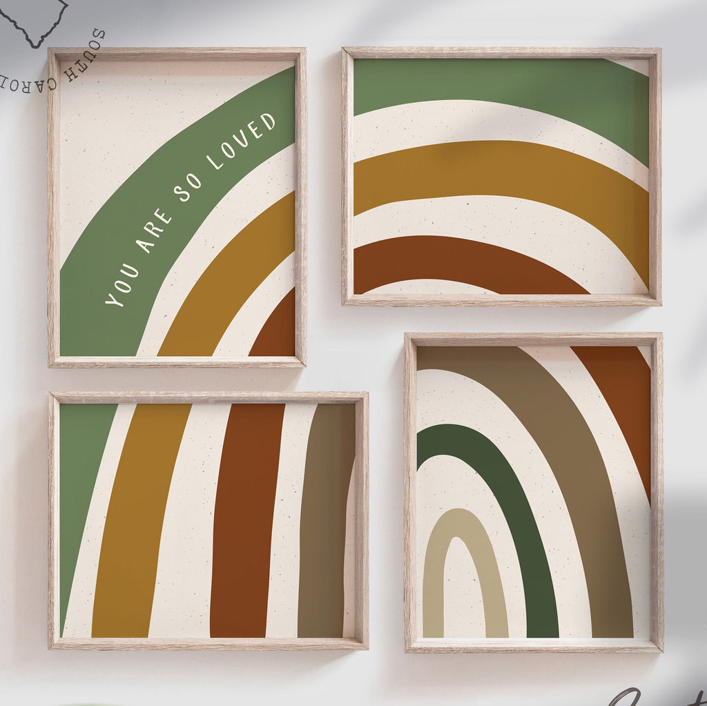 Neutral nursery decor, boho natural earthy colors nursery, you are so loved, green neutral rainbow nursery art, gender neutral nursery decor