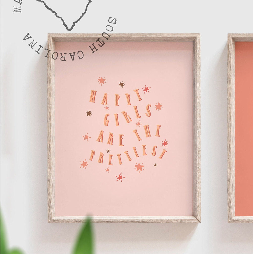 Coral baby girl nursery decor, blush coral pink butterfly art, happy girls are the prettiest quote wall decor, love print pink heart nursery