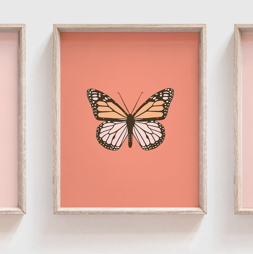 Coral baby girl nursery decor, blush coral pink butterfly art, happy girls are the prettiest quote wall decor, love print pink heart nursery
