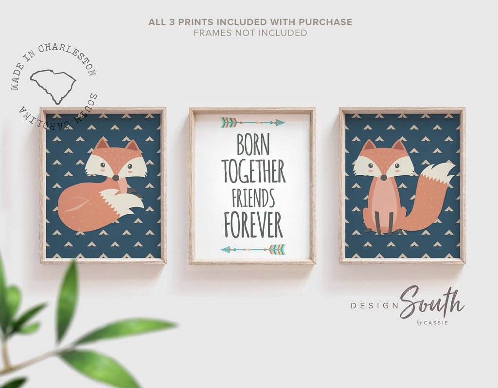 Twin nursery art fox, woodland theme twin nursery print set, twin baby wall art blue, twin prints for bedroom, born together friends forever