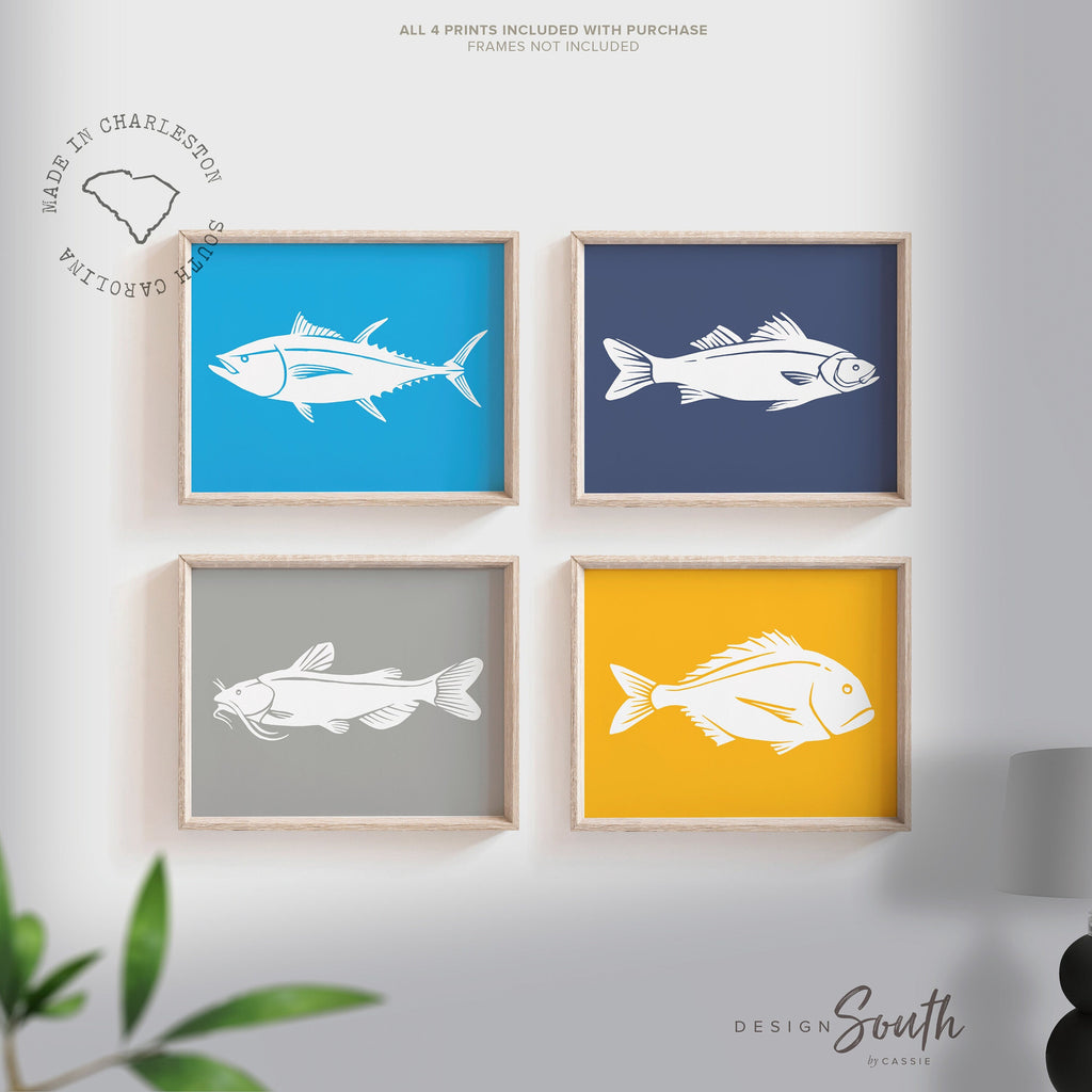 Fish nursery decor, boys fishing outdoors adventure nursery decor, fish prints for boys room, blue yellow fish wall art prints little boys