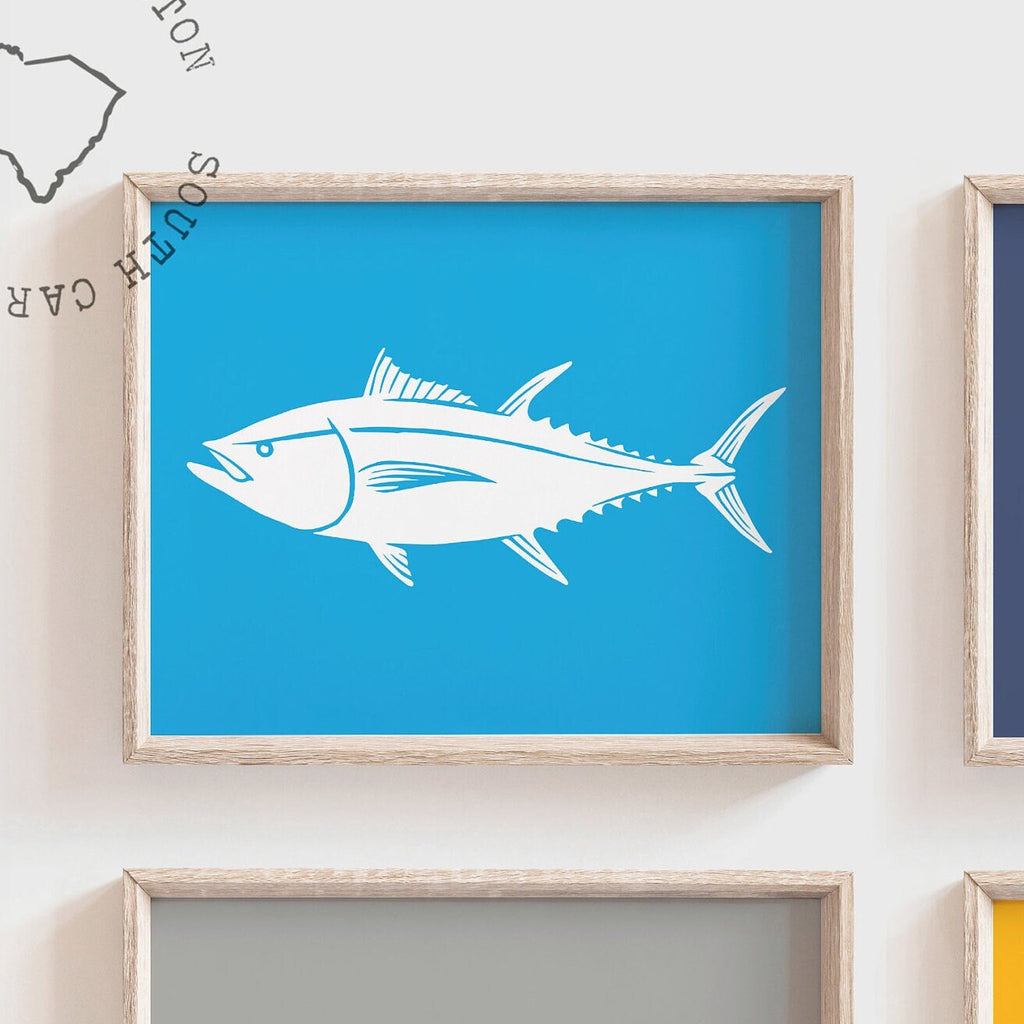 Fish nursery decor, boys fishing outdoors adventure nursery decor, fish prints for boys room, blue yellow fish wall art prints little boys