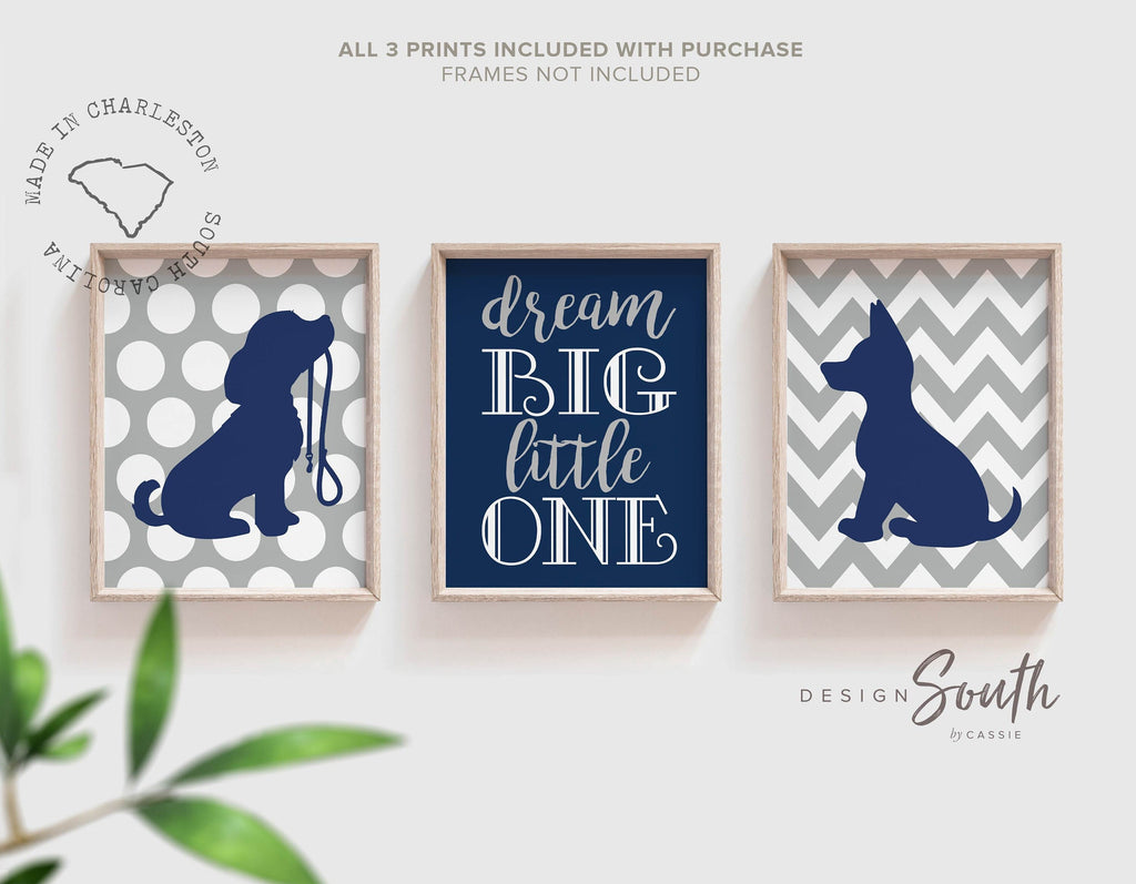 Navy blue and gray puppy dog nursery decor, baby boy puppy decor, puppy dog nursery art for boys, navy blue and gray, dream big little one