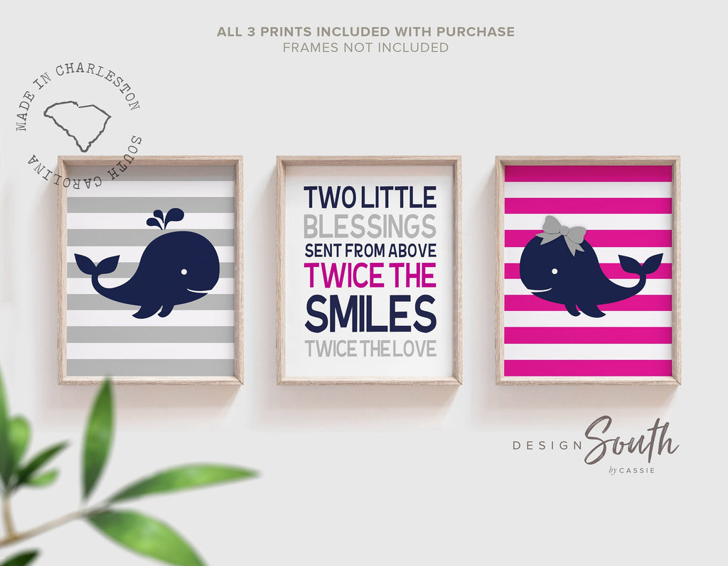 Twin nursery decor navy blue pink and gray, twin nursery whale nautical, pink and navy twin art, nursery prints for twins, twice the love