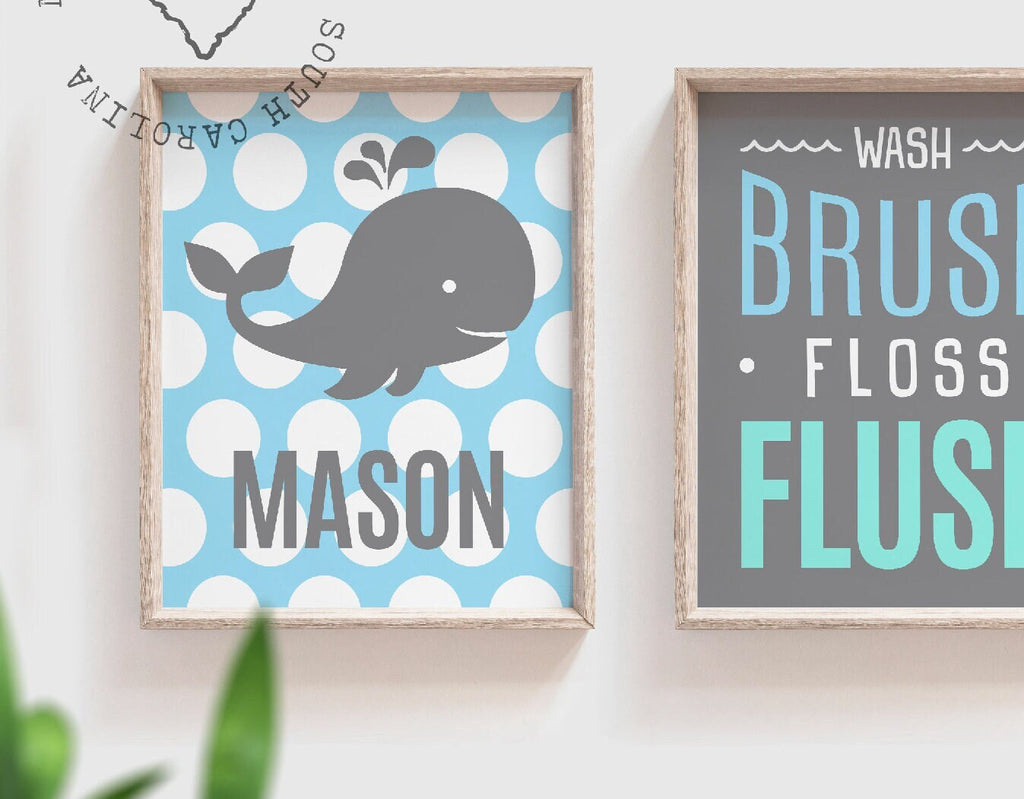 Brothers whale bathroom, twin boys bathroom, boys whale bathroom, boys bathroom prints, aqua and blue, wash brush flush, brothers art