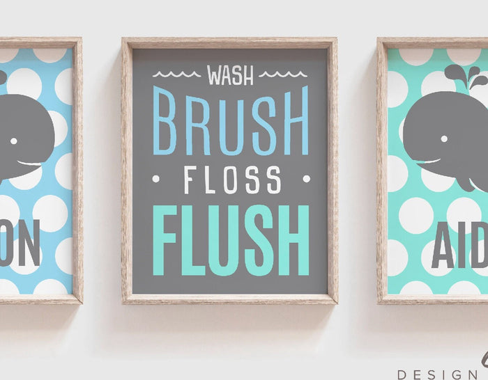 Brothers whale bathroom, twin boys bathroom, boys whale bathroom, boys bathroom prints, aqua and blue, wash brush flush, brothers art