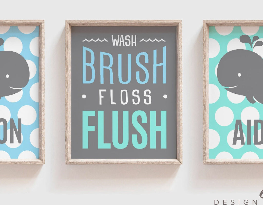 Brothers whale bathroom, twin boys bathroom, boys whale bathroom, boys bathroom prints, aqua and blue, wash brush flush, brothers art