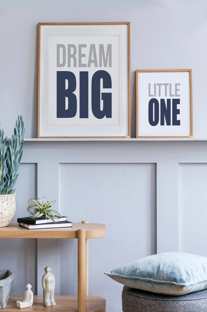 Dream big little one dinosaurs, dinosaur nursery baby boy, navy blue and gray dinosaurs, wall art for baby boy, dinosaur nursery art boys