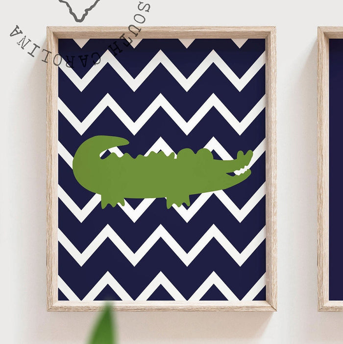 Alligator nursery decor, boys nursery decor, navy blue and green wall art, name print, chevron and polka dots, alligator playroom decor, art