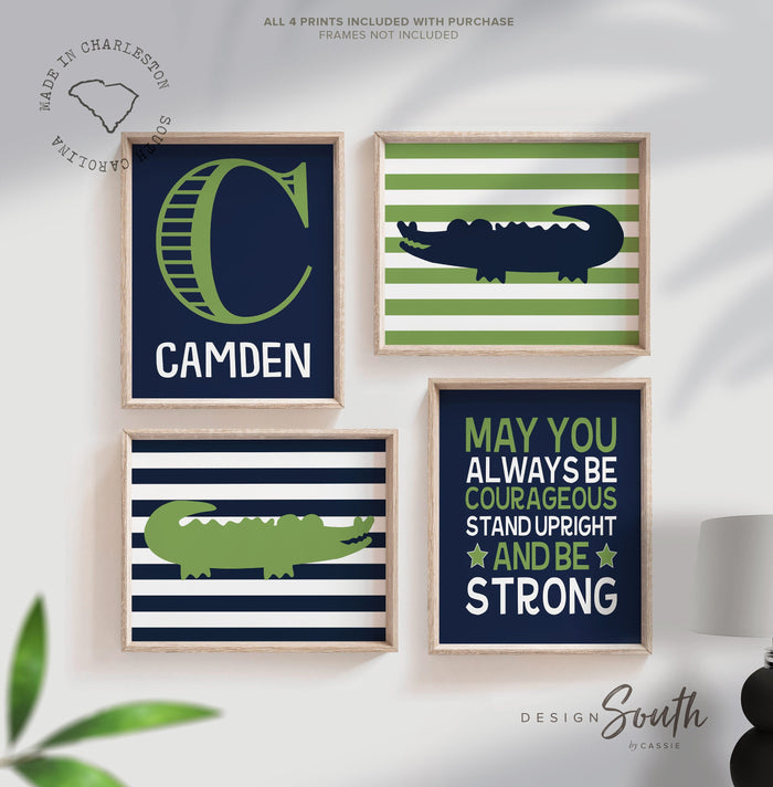 Alligator wall decor, navy blue and green nursery decor, gator wall art, personalized print, name decor, boys nursery decor, quote for boys