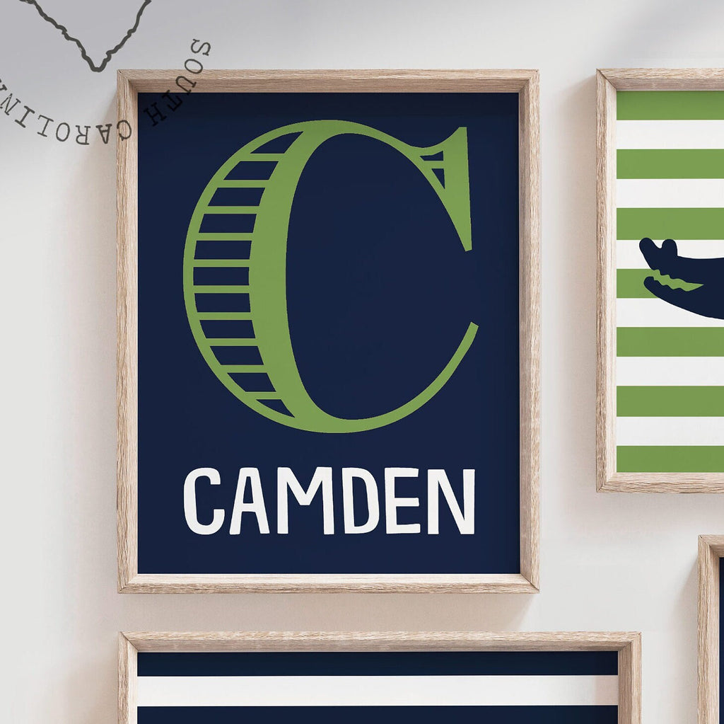 Alligator wall decor, navy blue and green nursery decor, gator wall art, personalized print, name decor, boys nursery decor, quote for boys