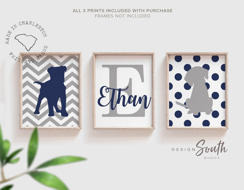 Navy blue and gray puppy dog nursery decor, baby boy puppy decor, puppy dog nursery art for boys, navy blue and gray, custom boys art puppy
