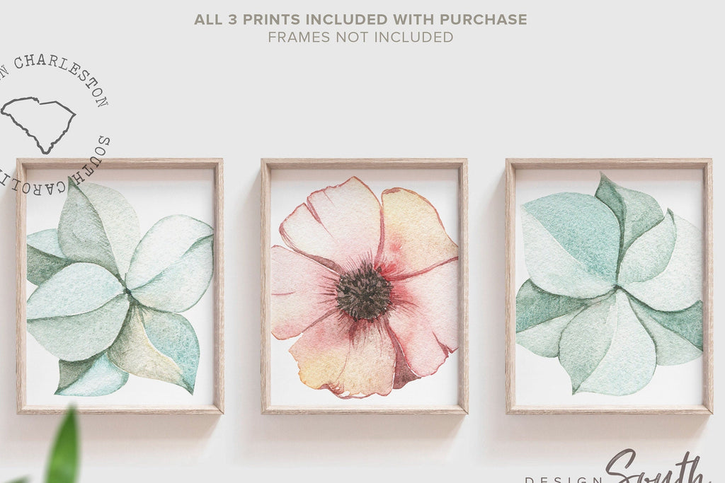 Bathroom wall decor, flower art for bathroom, adult bathroom decor, home decor wall prints, green and pink floral art, floral bathroom art