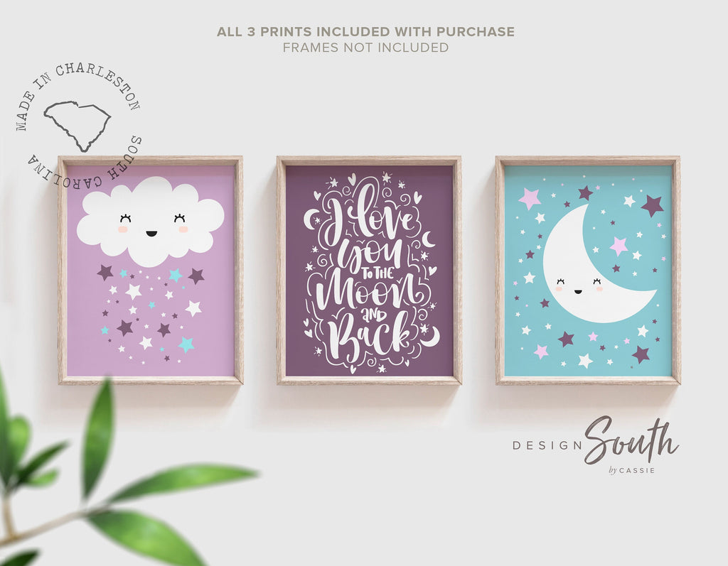 Purple nursery art, purple nursery decor, purple aqua blue teal, love you to the moon and back, quote girl nursery, baby girls decor purple