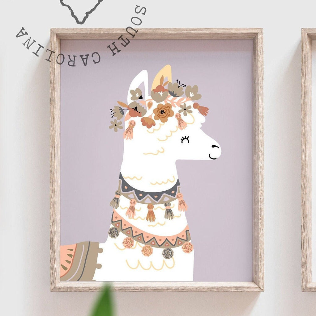Boho nursery decor for girls, girls bedroom boho cactus succulents llamas flowers, monogram wall print girls llama bedroom decor, girl llama
