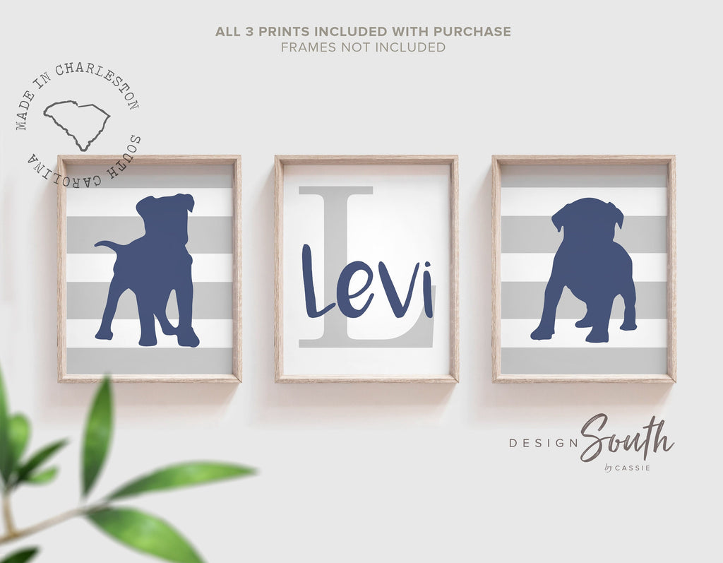 Pitbull nursery, pitbull puppy dog nursery art, baby boy dogs navy blue and gray wall art set, blue puppy art for boys, puppy nursery decor