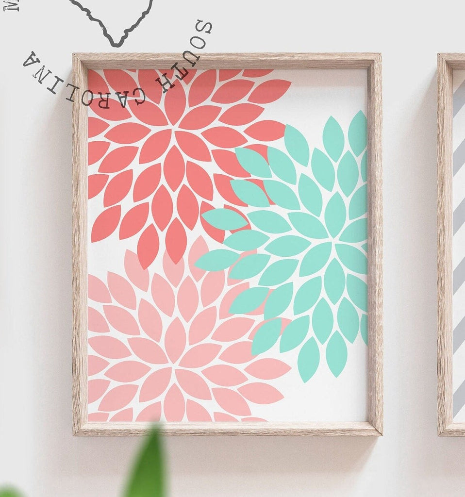 Coral teal nursery baby girl decor, wall art girls bedroom, coral pink teal flower burst, personalized gift for baby girl, initial monogram