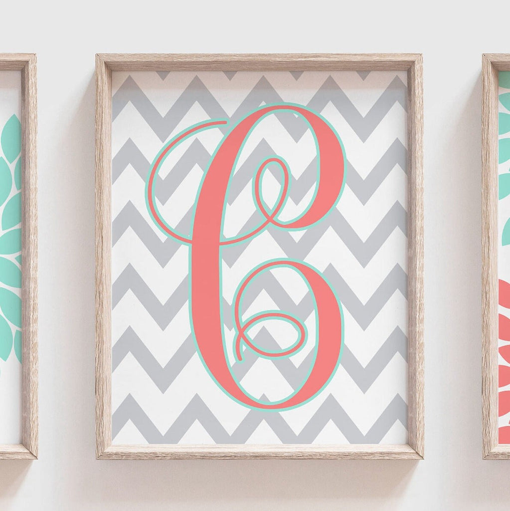 Coral teal nursery baby girl decor, wall art girls bedroom, coral pink teal flower burst, personalized gift for baby girl, initial monogram