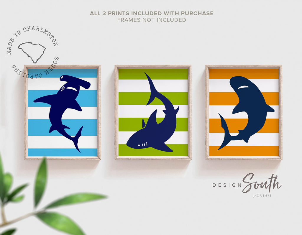 Orange green and blue sharks, boys bedroom shark theme, boys nursery sharks, boys shark playroom, shark decor, shark wall art prints toddler