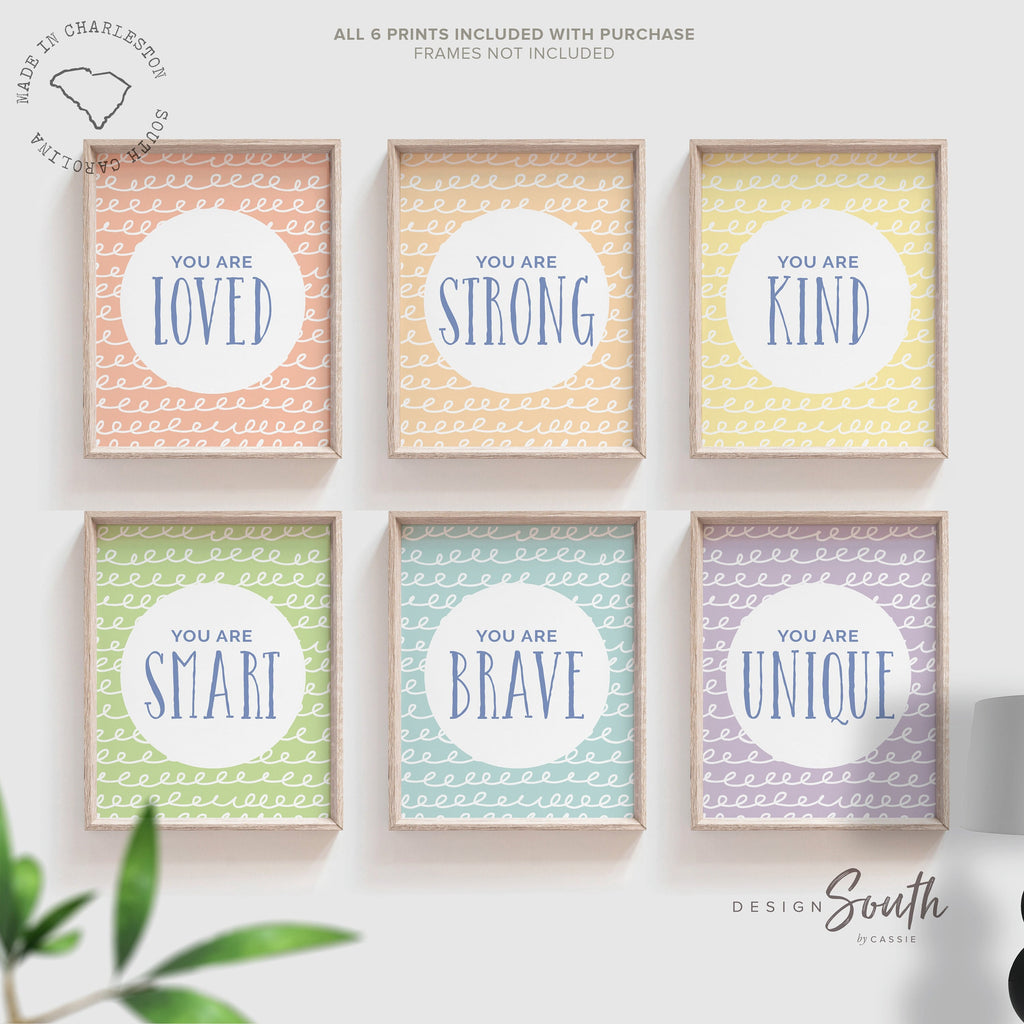 Playroom children wall decor, unisex room decor, pastel color kid art, inspirational prints for kids, you are kind smart unique strong brave