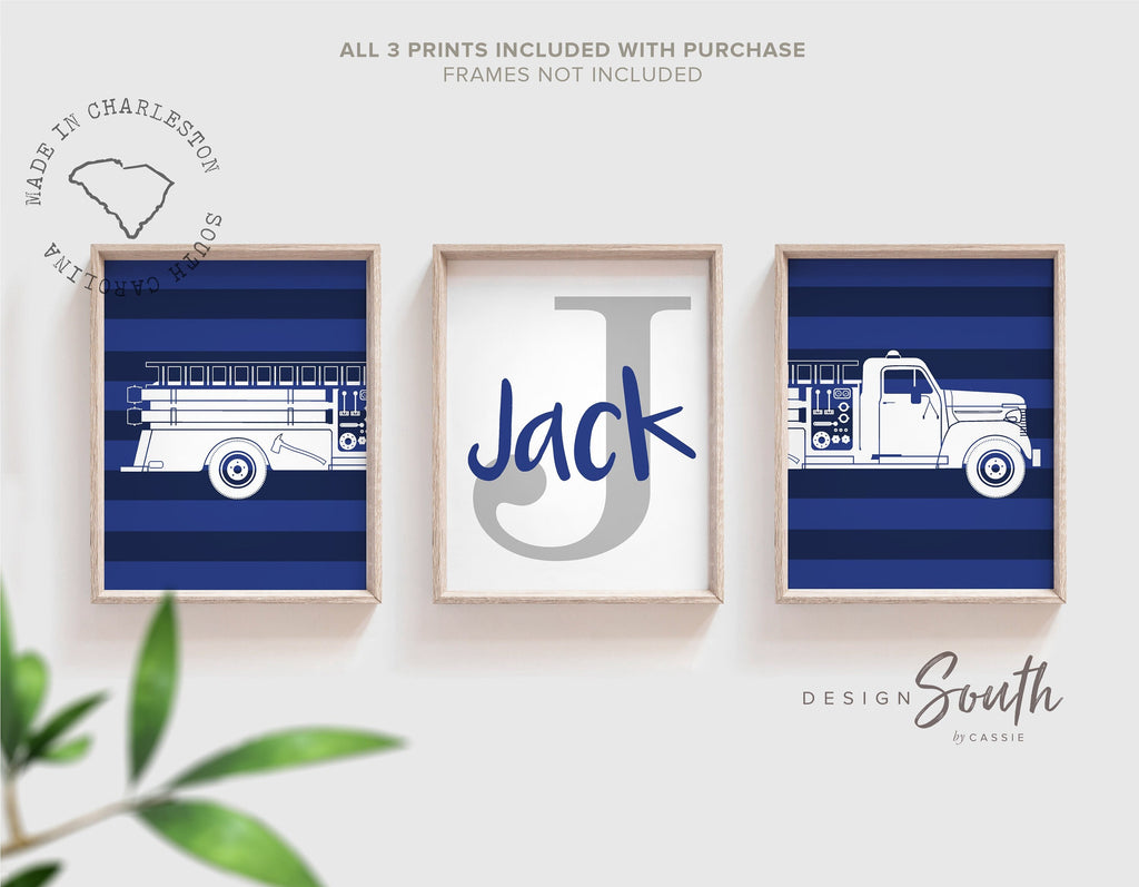 Navy fire truck nursery decor, firefighter nursery art, navy fire trucks, fire truck theme, boys fire truck decor, boy wall art firefighter
