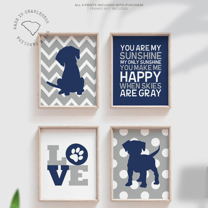Baby boy nursery decor, puppy dog decor, navy gray you are my sunshine, puppy art prints, dog nursery theme, wall art boys puppy wall decor