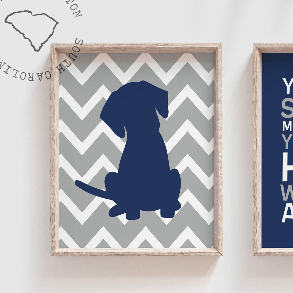 Baby boy nursery decor, puppy dog decor, navy gray you are my sunshine, puppy art prints, dog nursery theme, wall art boys puppy wall decor