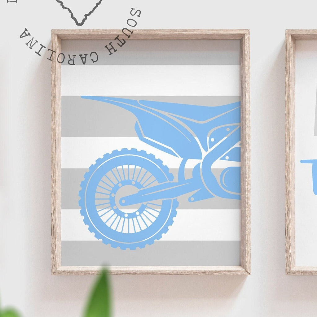 Baby blue and gray boys dirt bike decor, baby blue and gray bike nursery for boys, gray dirt bike art, gray dirt bike decor boy nursery gift