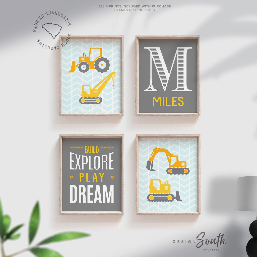 Construction nursery decor, gray aqua yellow nursery art, excavator diggers name, build explore play dream print, boys monogram name prints