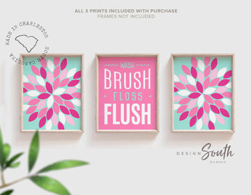 Floral bathroom decor, little girls pink teal bathroom decor, wash brush floss flush pink bathroom wall art, bathroom prints baby girl pink