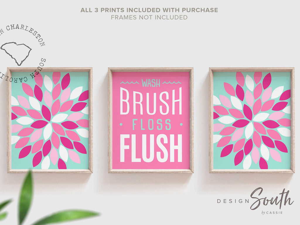 Floral bathroom decor, little girls pink teal bathroom decor, wash brush floss flush pink bathroom wall art, bathroom prints baby girl pink