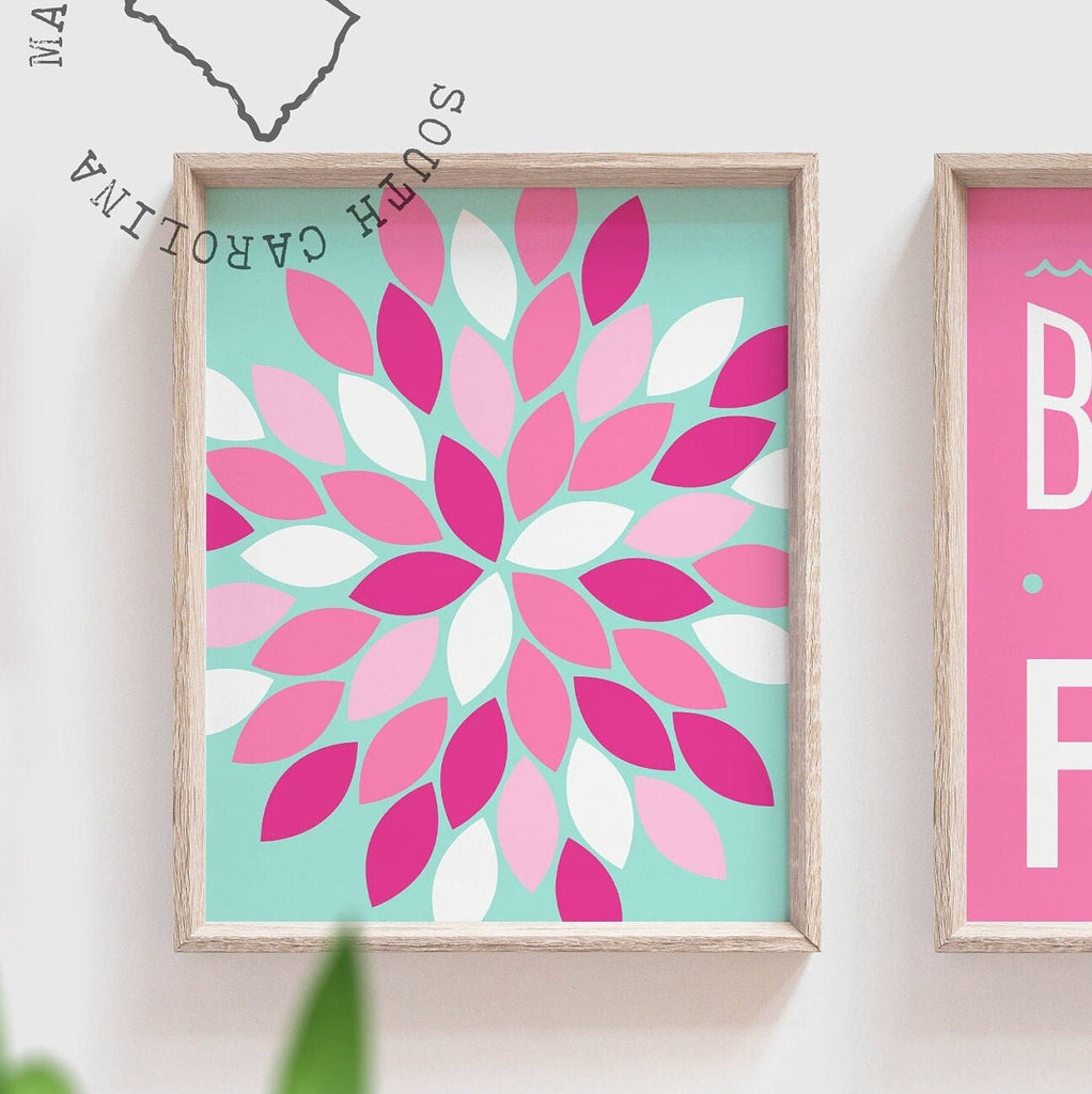 Floral bathroom decor, little girls pink teal bathroom decor, wash brush floss flush pink bathroom wall art, bathroom prints baby girl pink