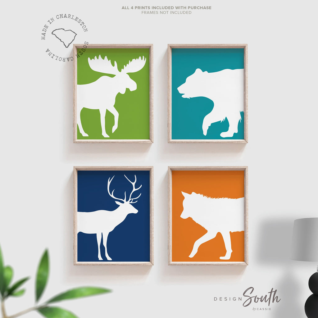 Boys playroom art, boys playroom decor, colorful playroom, forest animals, deer moose bear wolf, navy orange green turquoise, boy's bedroom