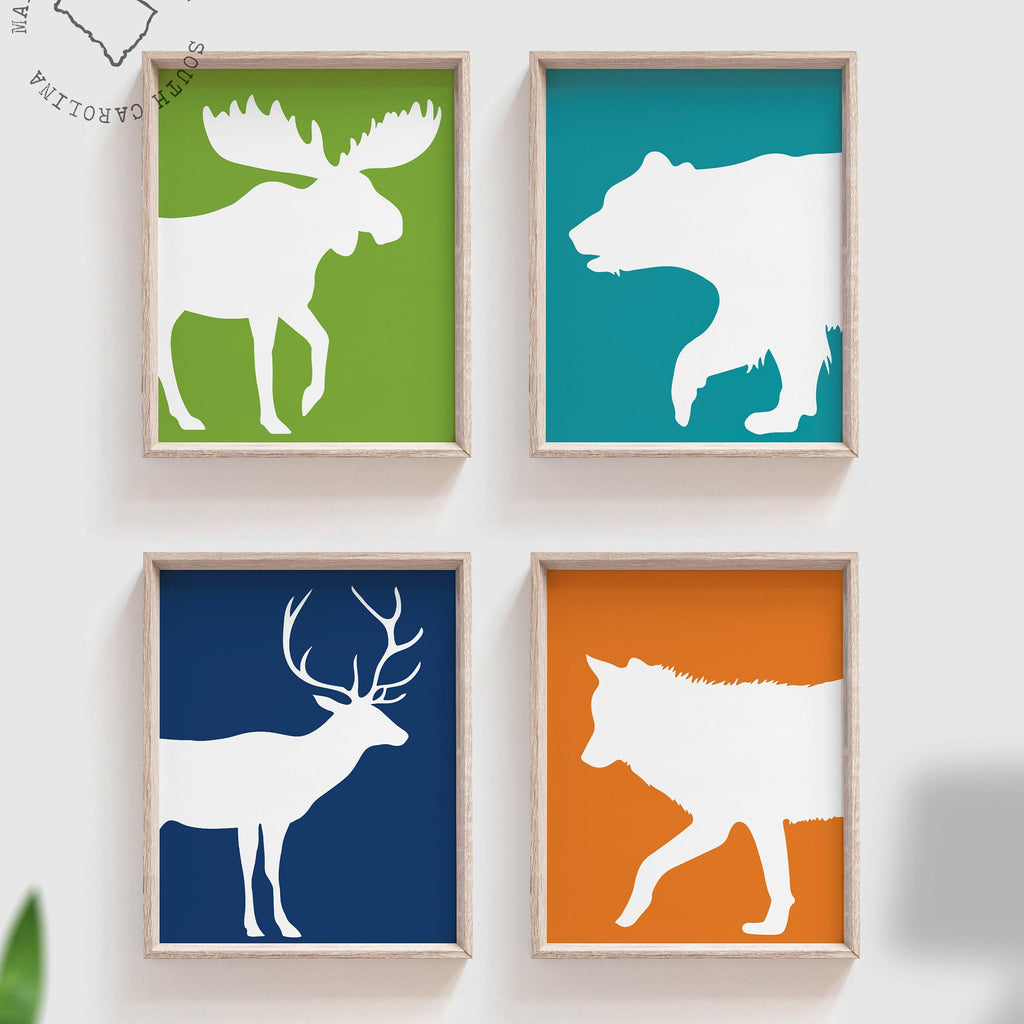 Boys playroom art, boys playroom decor, colorful playroom, forest animals, deer moose bear wolf, navy orange green turquoise, boy's bedroom