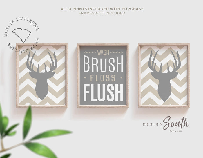 Boys bathroom decor, deer bathroom decor, gray and tan, wash brush floss flush hunting bathroom, quote eight point buck, rustic toddler art