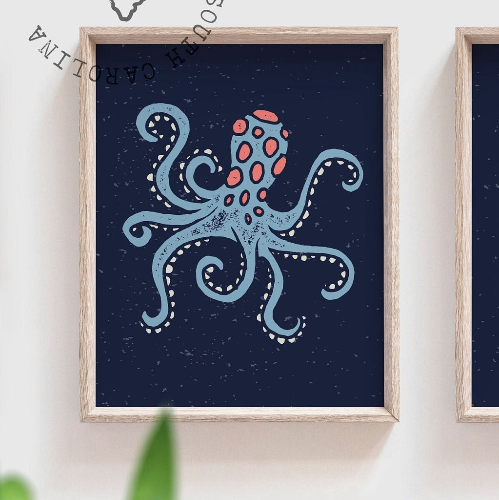 Nautical bathroom decor, nautical bathroom theme, octopus turtle art bathroom, wash brush floss flush, childrens bathroom decor, toddler art