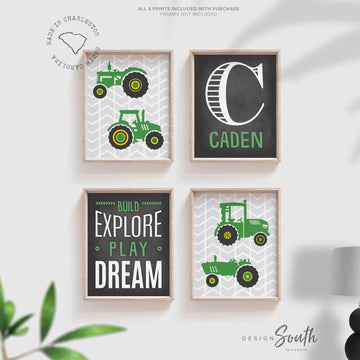 Green tractor baby gift nursery personalized name art prints, john deere tractor boys room wall, nursery tractors theme, boy bedroom tractor