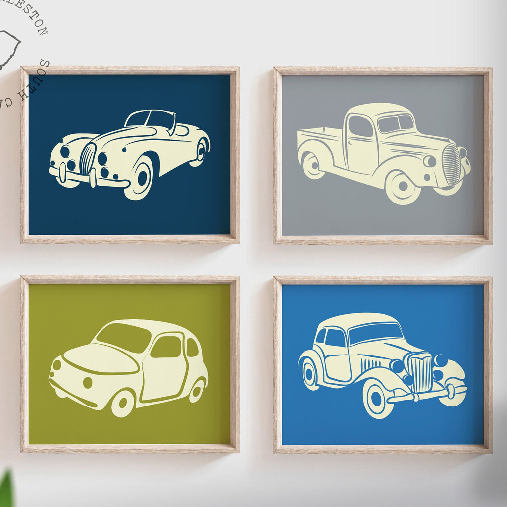 Boys room, car theme room, truck cars transportation, boy transportation prints, wall art for boys room, green blue gray cars, kids wall art