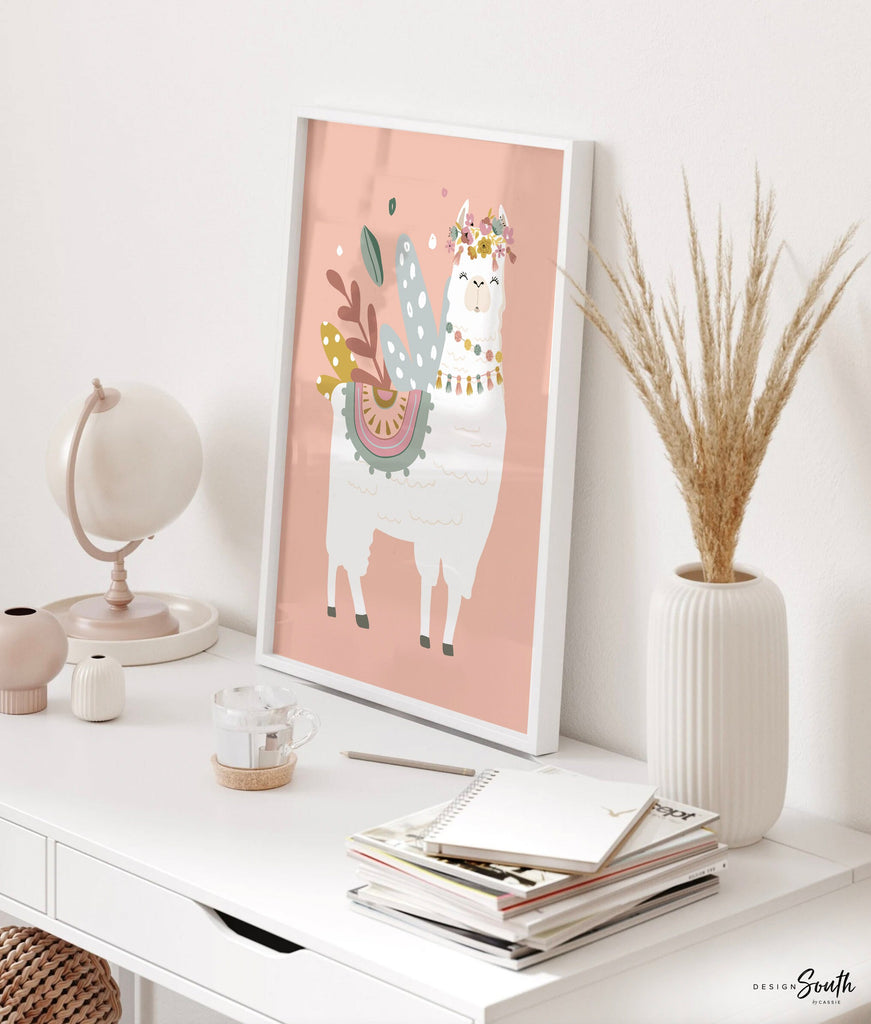 Boho nursery decor, boho nursery wall art idea, print set llama mauve pink succulents, llama themed baby room, wall decor girl bedroom llama