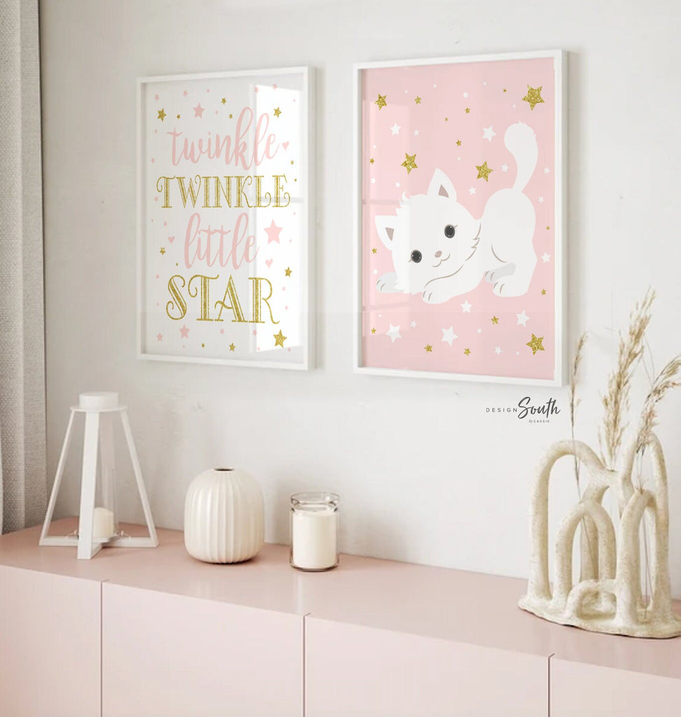 Cat themed, kitten art print set of 3, animal nursery pink gold, baby girl cute cat wall art, cat lover, kitten nursery, sweet kitty nursery